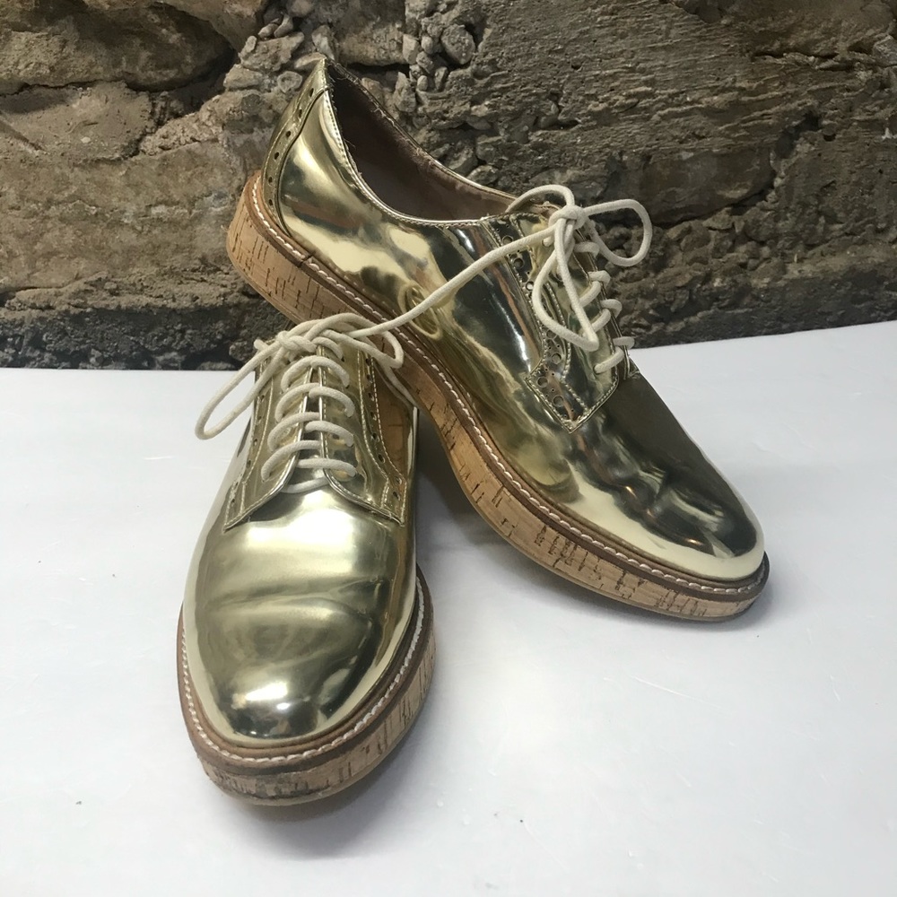 Women’s MANGO Metallic Gold Oxford Shoes Cork Sole EU size 39 USA size 8/8.5